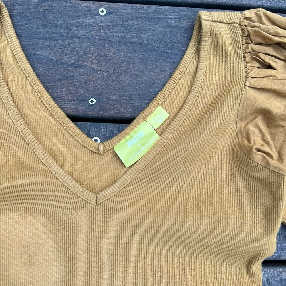Mustard Yellow Gold Maeve by Anthropologie Ribbed Top w/ Puff Bow Short Sleeves - Picture 3 of 7